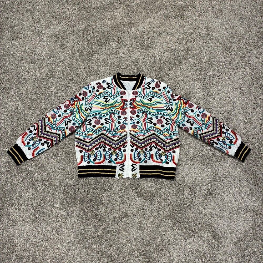 Embroidered Bomber Jacket Large White Multicolor Boho Festival Glam Geometric